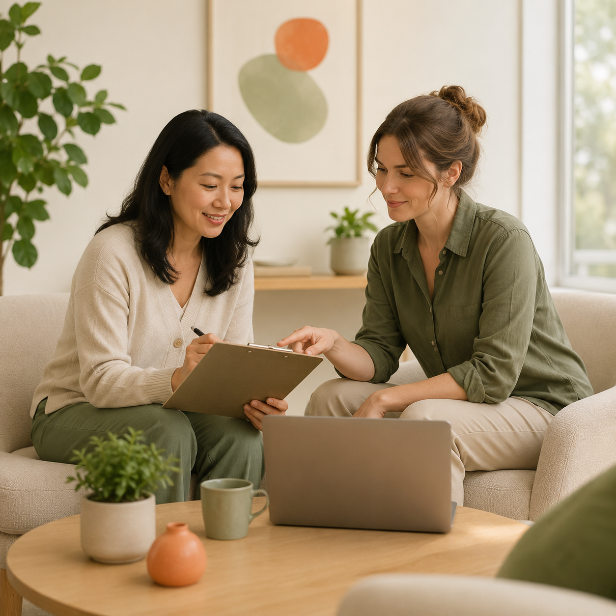 Two clinicians reviewing referral notes together in a calm, plant-filled office